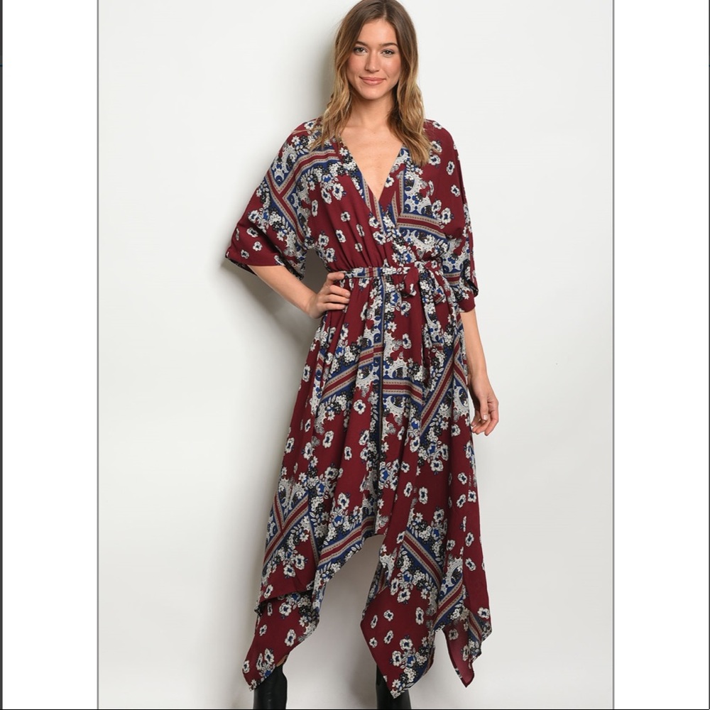 1 Left! Wine Floral Print Handkerchief Midi Dress - Picture 2 of 8